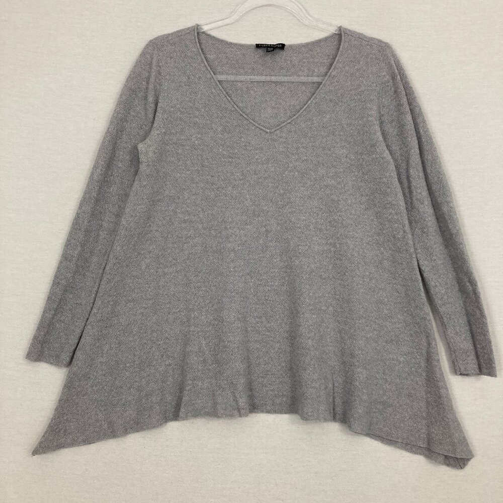 Eileen‎ Fisher Light Gray V Neck Wool Relaxed Fit Lagenlook Light Sweater Small